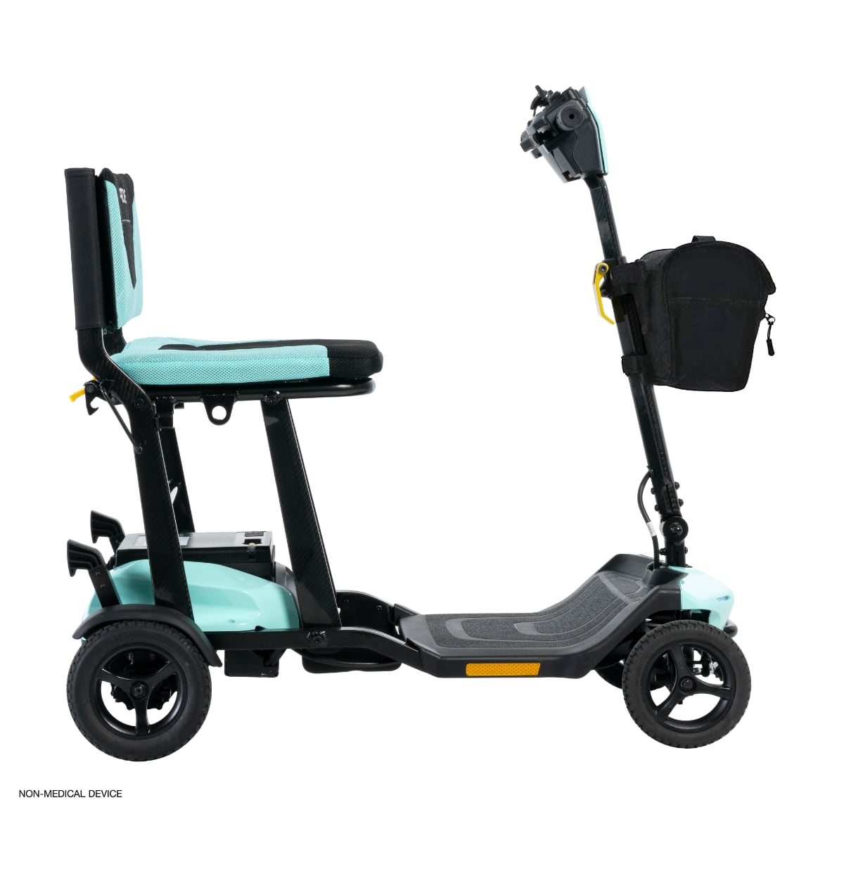 side view of a Pride Go Go Super Portable mobility scooter with sleek design in mint color