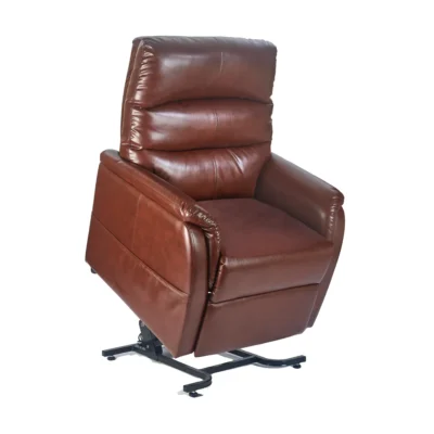 Golden Elara lift recliner in Chestnut; a dark brown leather-look; lifted position
