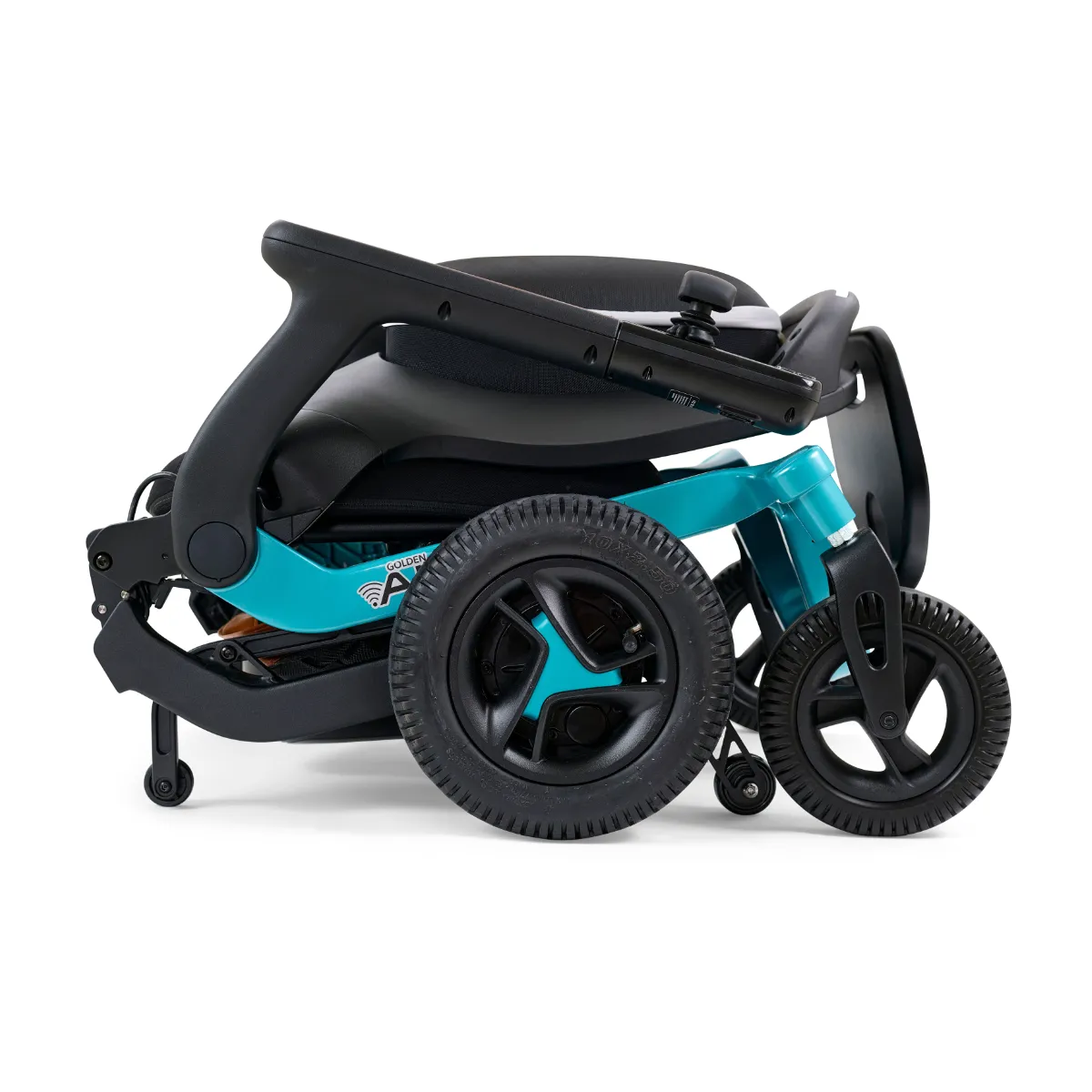 Golden Ally power wheelchair with sleek, modern design and bright blue frame in folded position