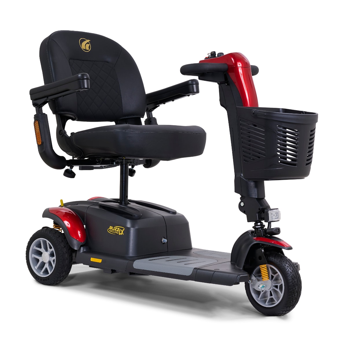 Golden BuzzAround LX 3-wheel mobility scooter with red accents and front basket
