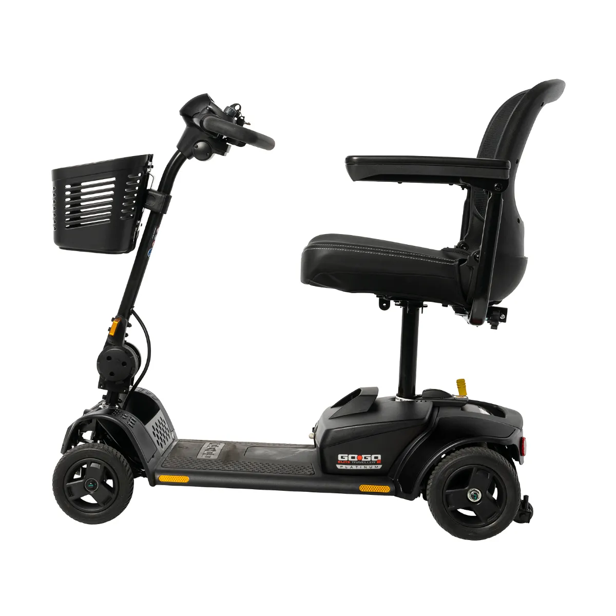 Side view of a Pride Go Go Elite Traveller 2 Platinum mobility scooter