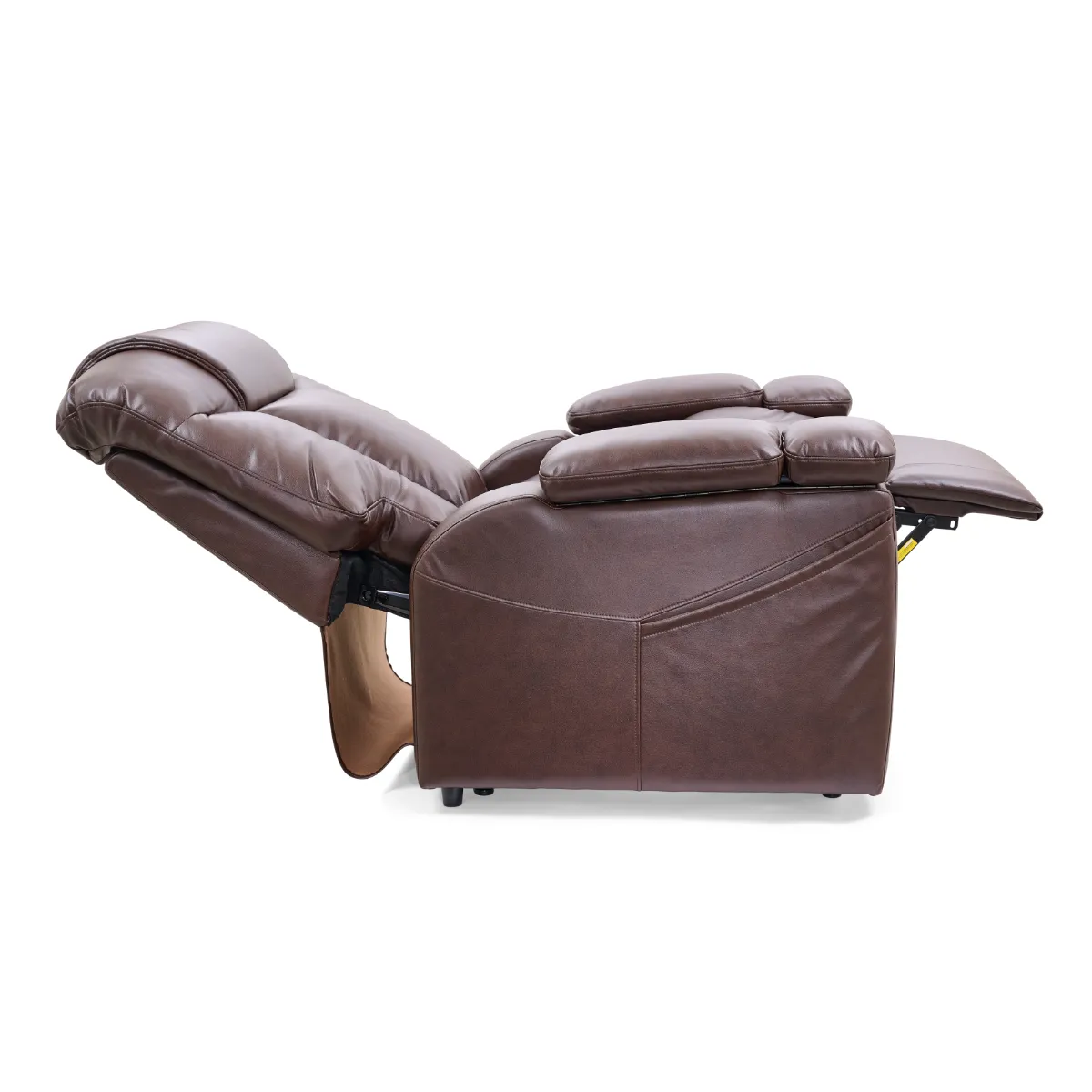 Golden Rhea lift recliner in Brisa umber fabric in reclined position