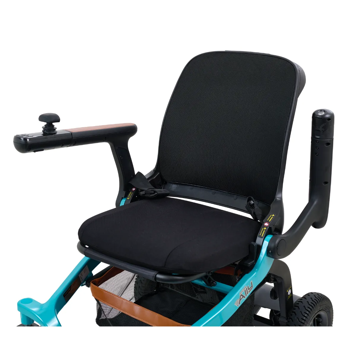 Close up seat view with armrest raised on Golden Ally power wheelchair with sleek, modern design and bright blue frame