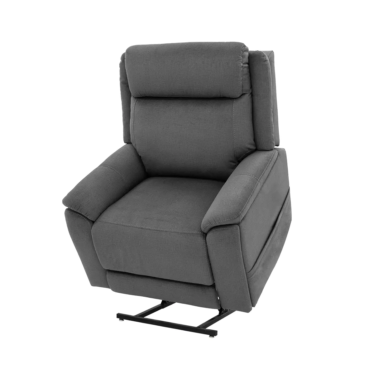 Lifted position of the Pride Evolution Collection Sitting Pretty lift recliner in gray fabric