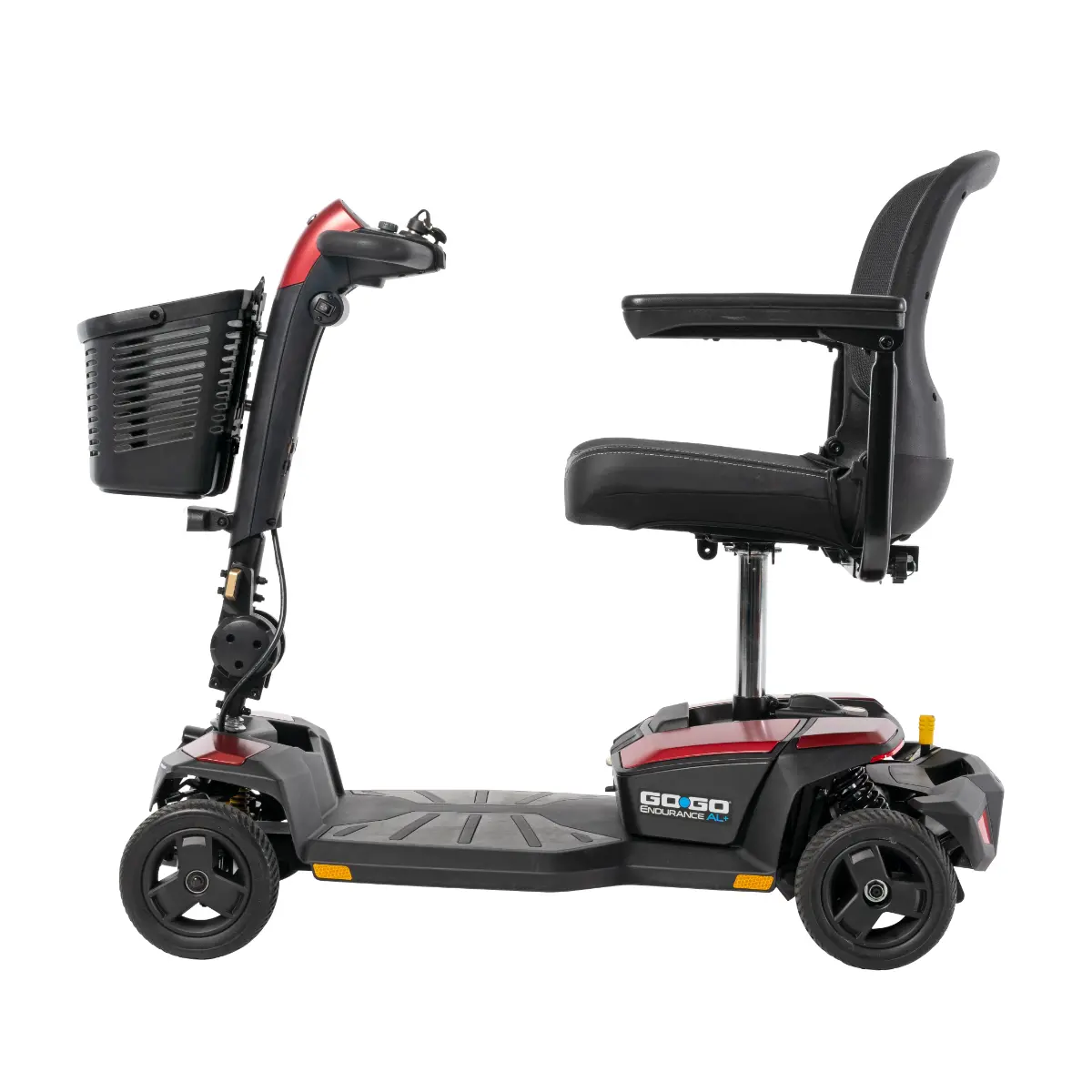 Profile view of a Pride Go Go Endurance AL+ mobility scooter with basket and red accents.