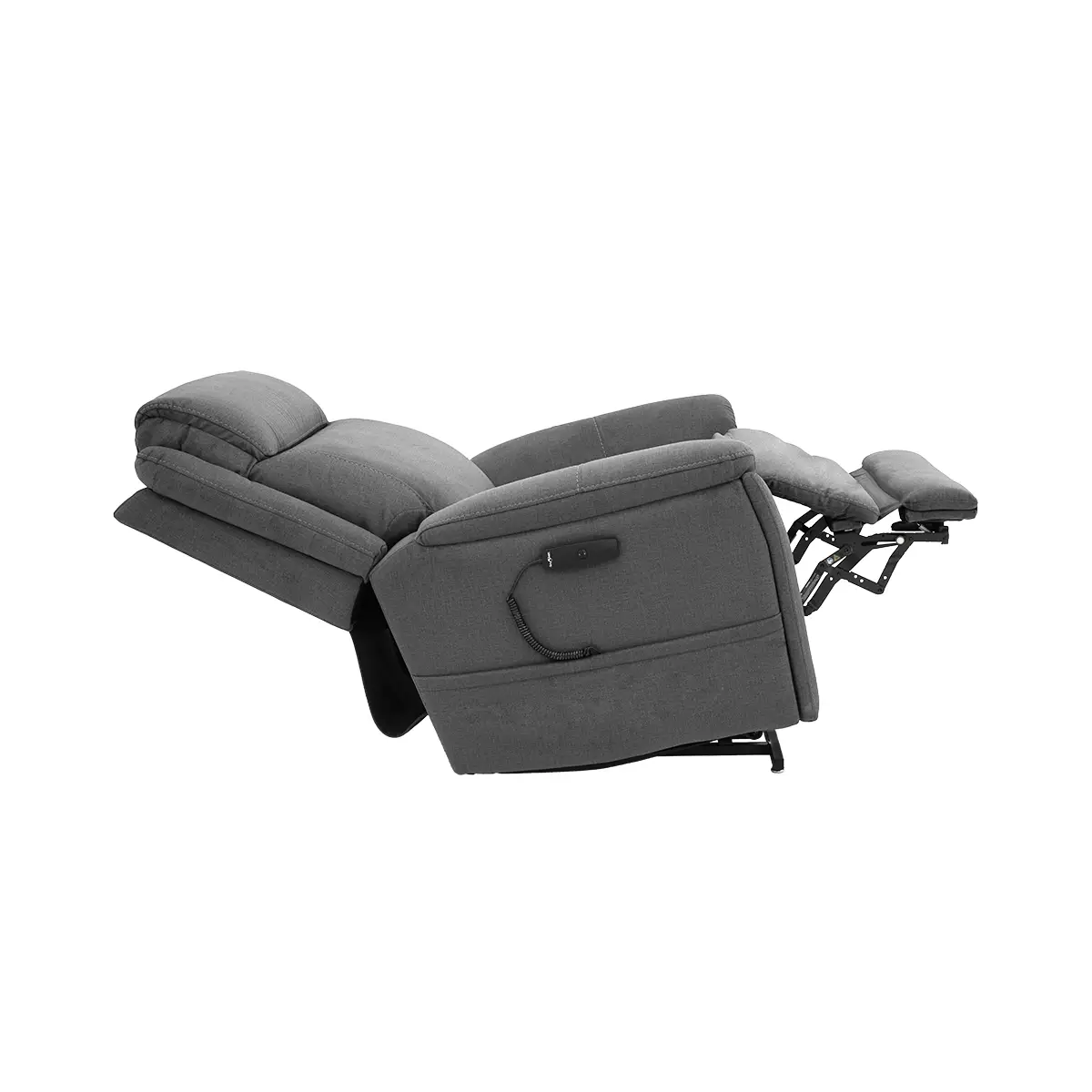 Reclined position of the Pride Evolution Collection Sitting Pretty lift recliner in gray fabric
