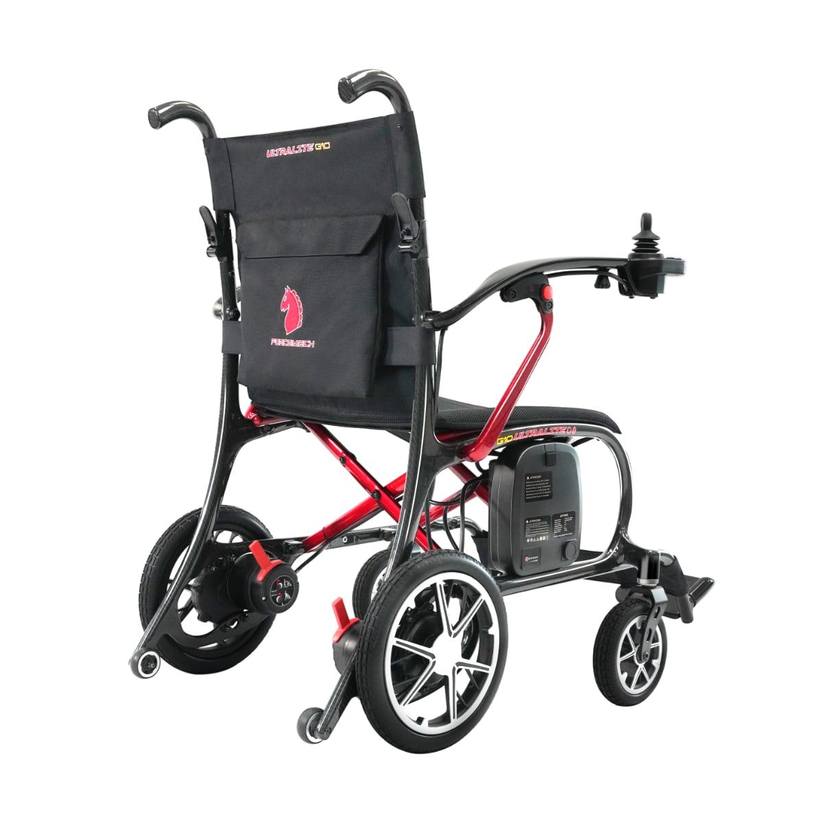 rear view of Forcemech Ultralite G10 power wheelchair with sleek design and red accents
