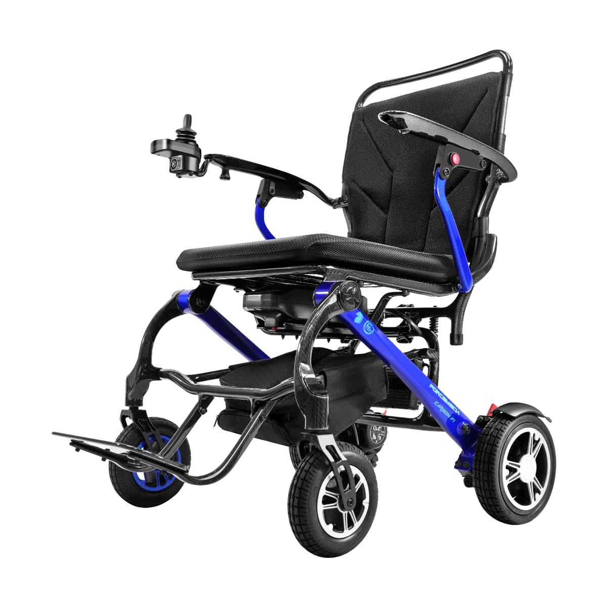 Forcemech Carbon F1 power wheelchair with blue accents
