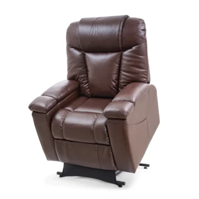 Golden Rhea lift recliner in Brisa umber fabric in lift position