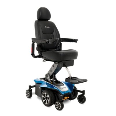Pride Jazzy Air elevated power wheelchair with blue accents