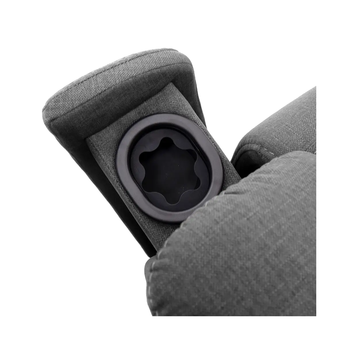 Arm rest cup holder pull out for the Pride Evolution Collection Sitting Pretty lift recliner in gray fabric