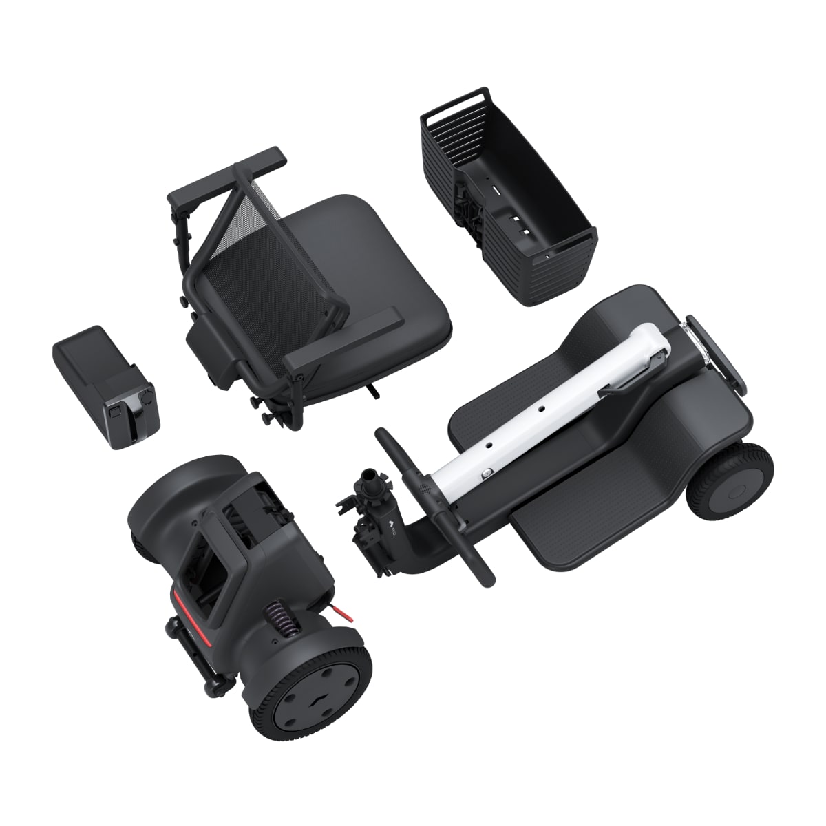Whill Model R 4-wheel mobility scooter broken down into 5 pieces