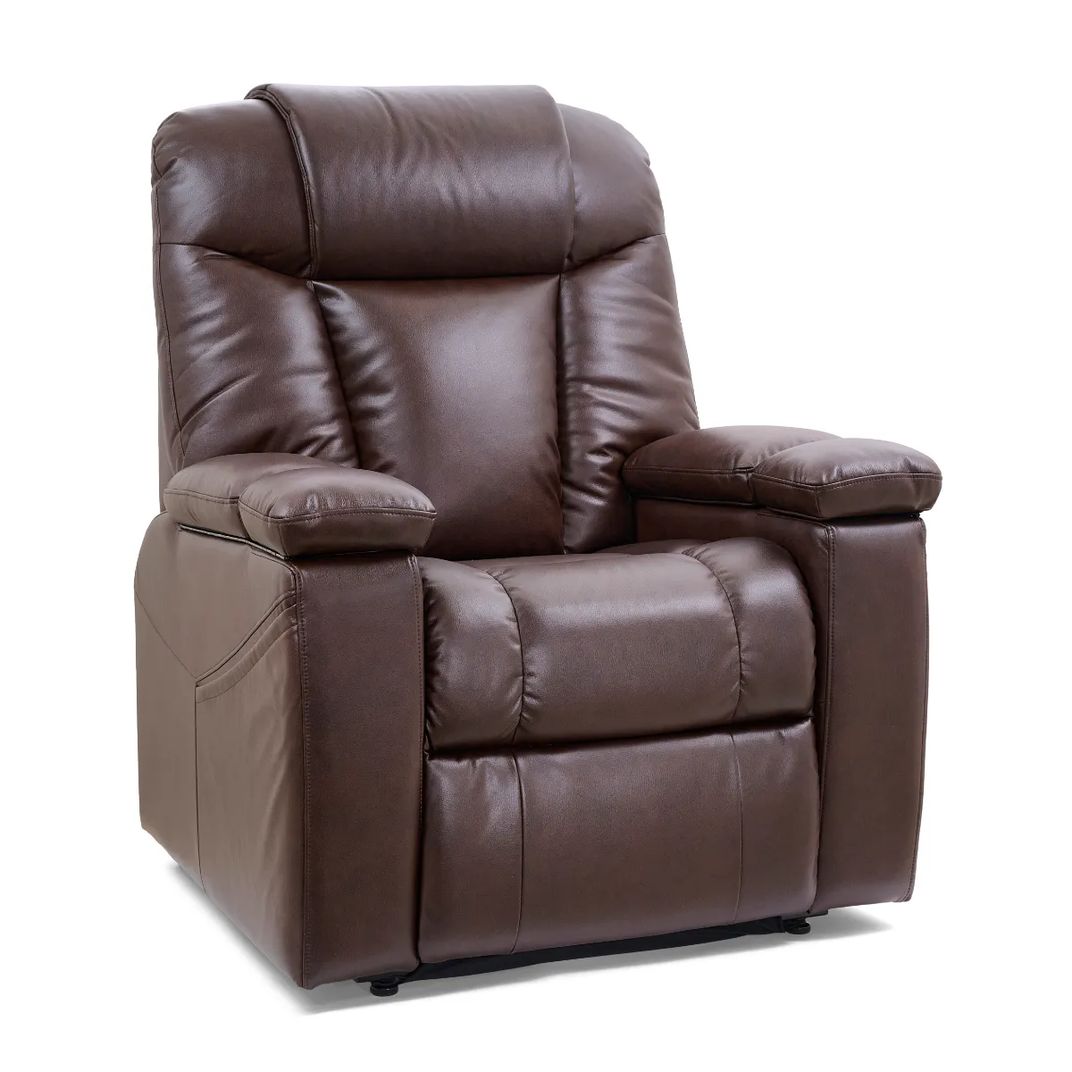 Golden Rhea lift recliner in Brisa umber fabric in seated position