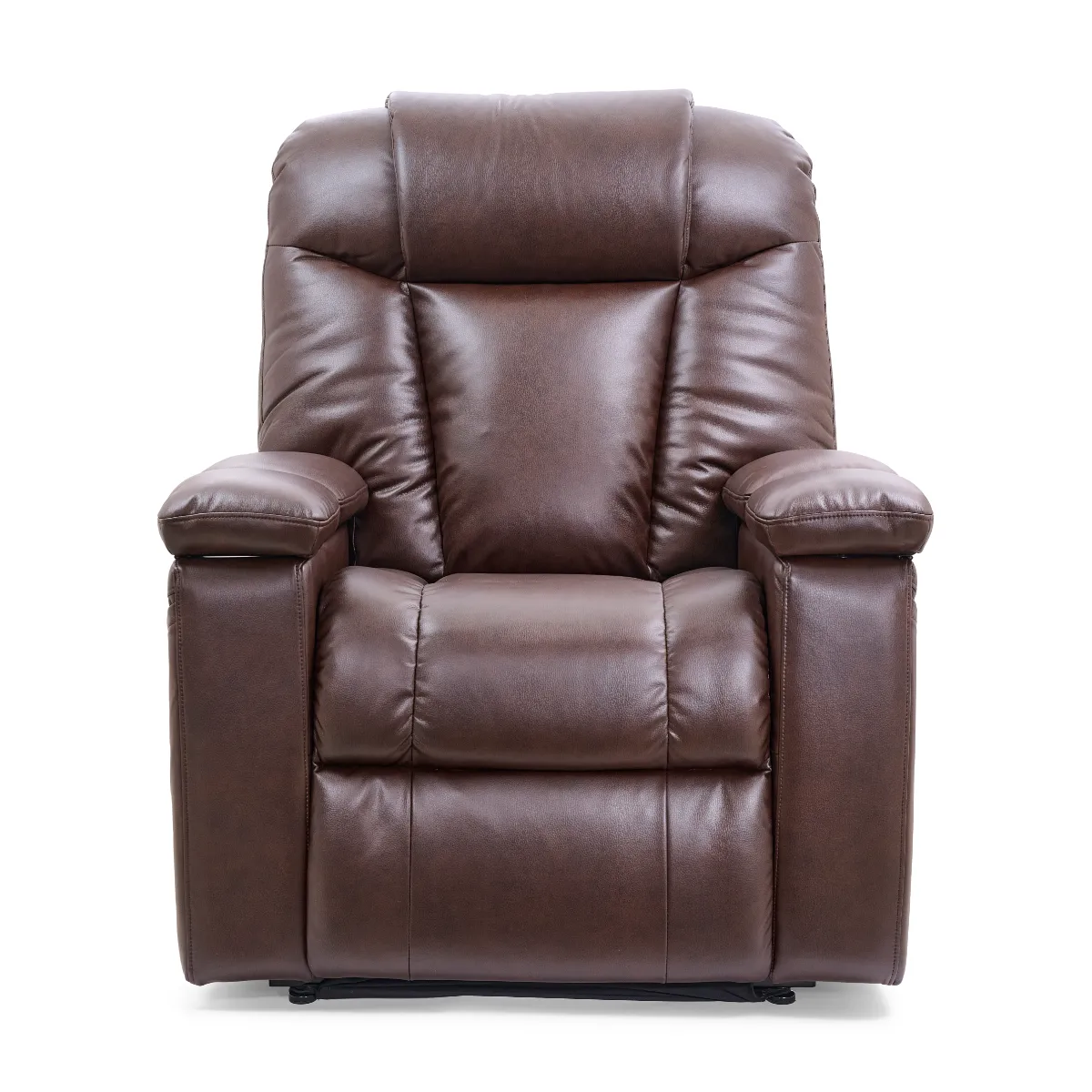 Golden Rhea lift recliner in Brisa umber fabric in seated position