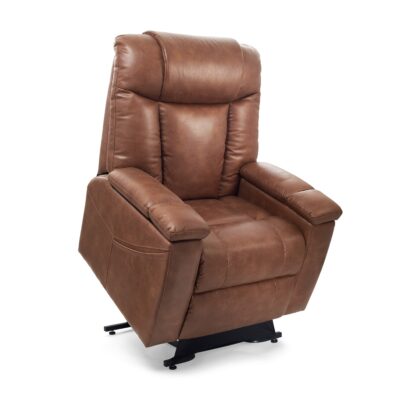 Golden Rhea lift recliner in brown suede fabric in lift position