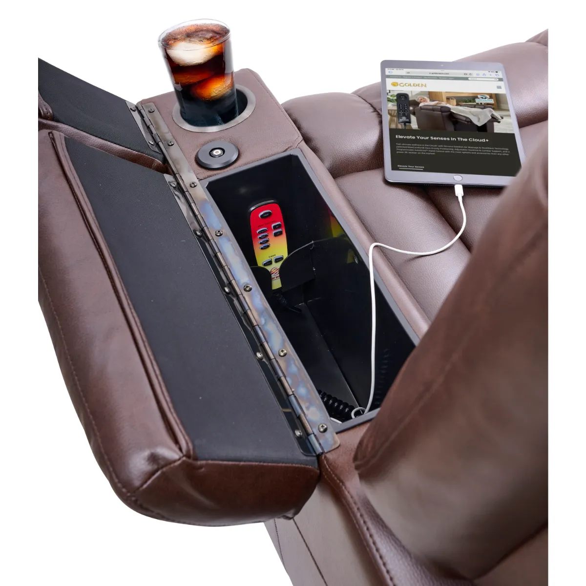 Golden Rhea lift recliner side arm compartment with cup holder, remote, and charger