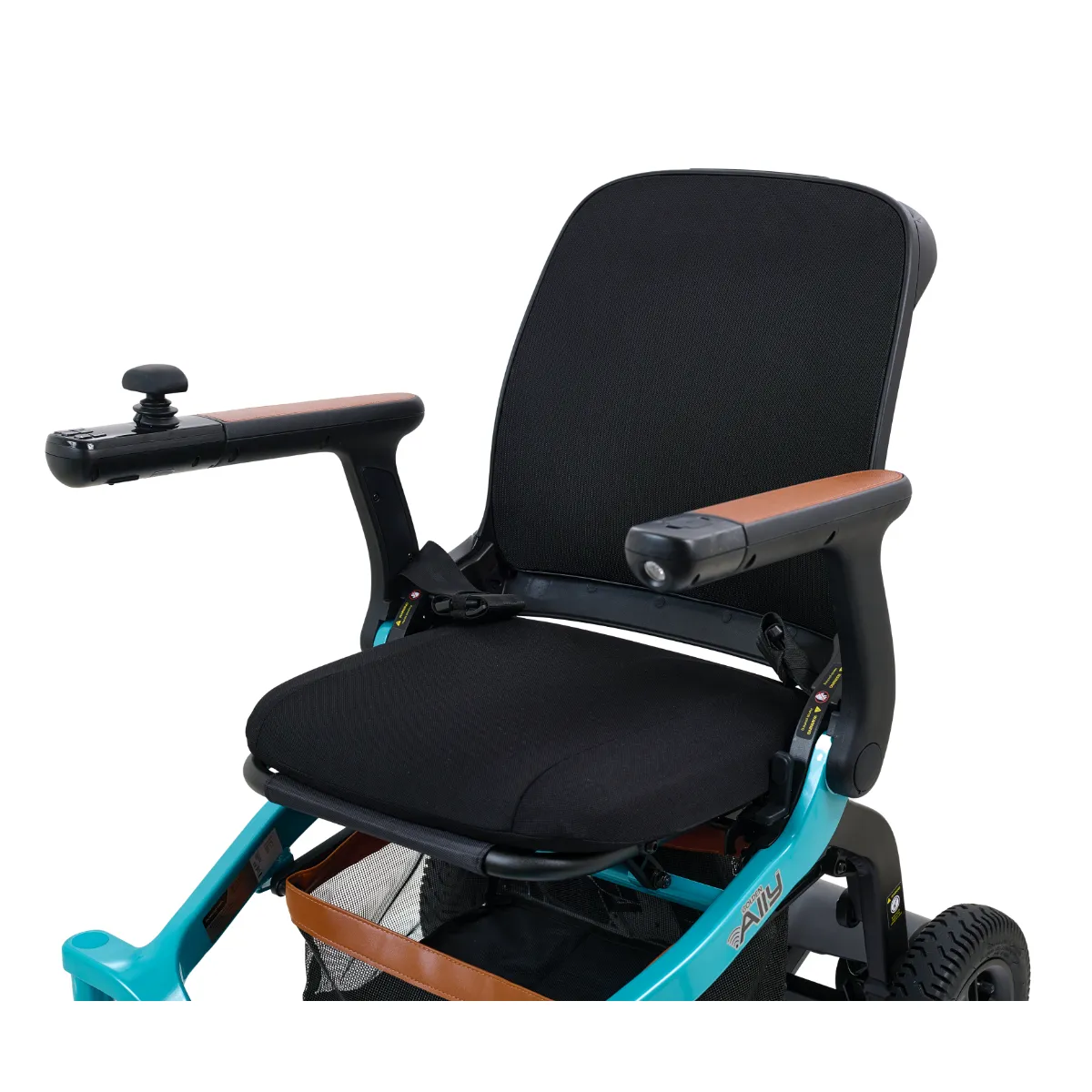 Close up seat view of Golden Ally power wheelchair with sleek, modern design and bright blue frame