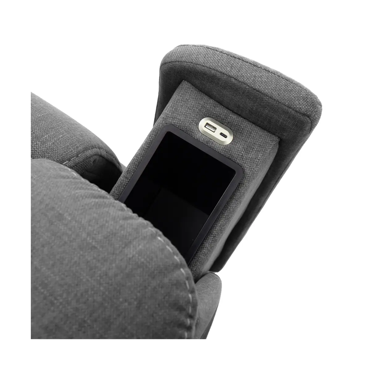 Arm rest charger pull out from the Pride Evolution Collection Sitting Pretty lift recliner in gray fabric