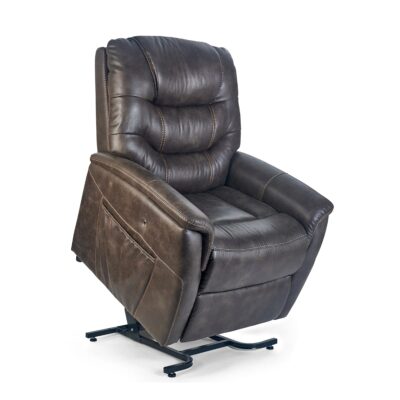 Golden Dione lift recliner in dark faux leather upholstery in lifted position